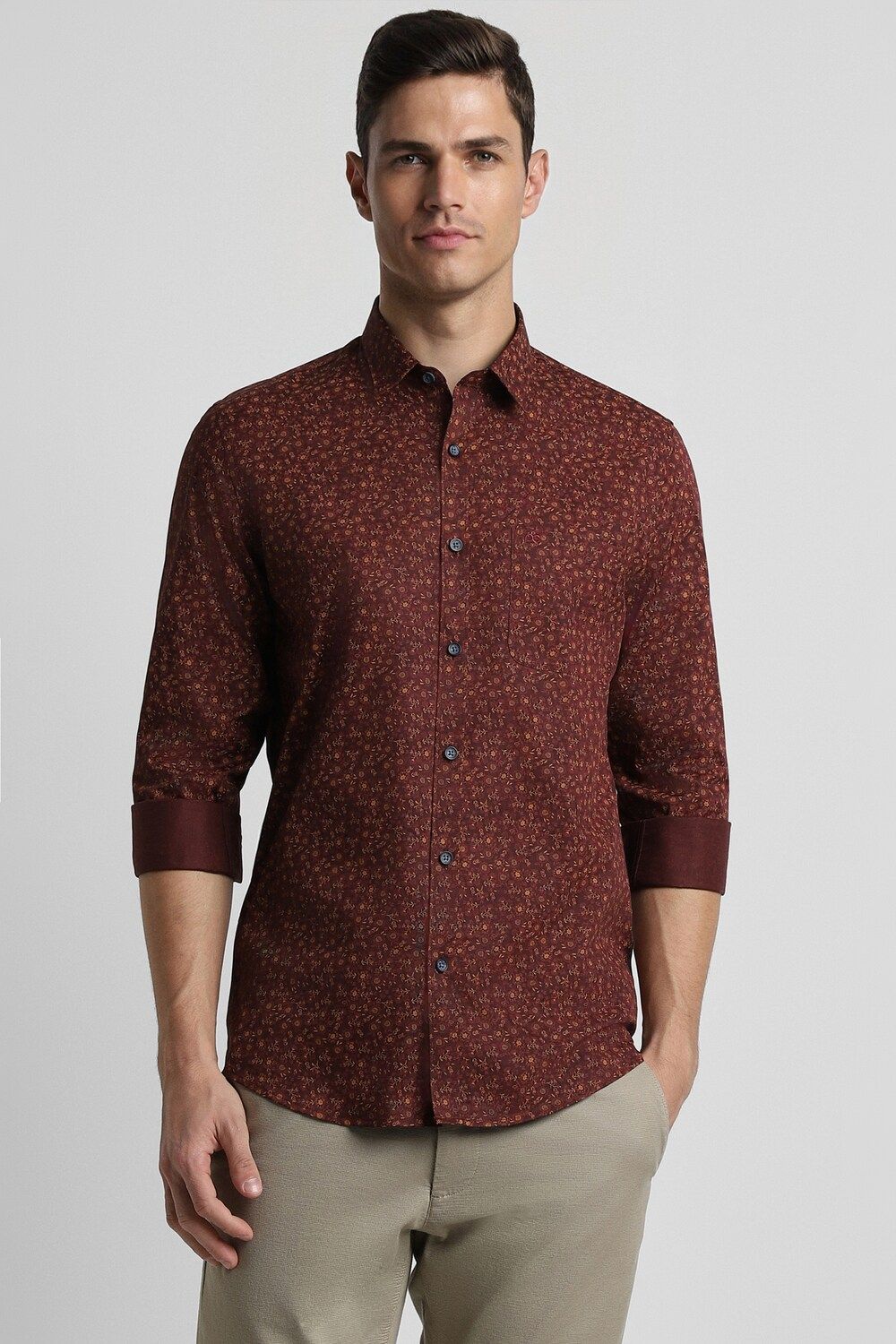 Men Maroon Slim Fit Print Full Sleeves Casual Shirt