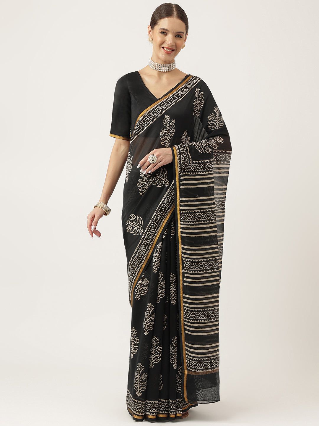 Buy Nitya Soft Kota Chanderi Silk Blend Minakari Paisley Design Saree with  Blouse Piece | Black at Amazon.in