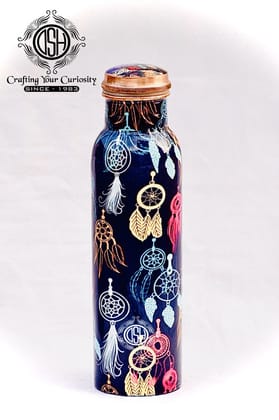 Copper Bottles for Printed with Art Work, Travelling Purpose Bottles, Yoga Ayurveda Healing, 950 ML (Design SM 11)