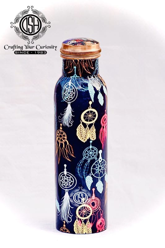 Copper Bottles for Printed with Art Work, Travelling Purpose Bottles, Yoga Ayurveda Healing, 950 ML (Design SM 11)