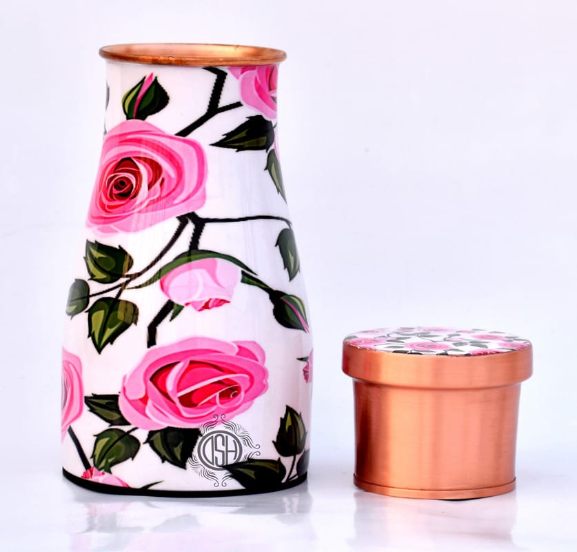 Copper Bedroom Bottle Printed Jug with Inbuilt Glass, Bedside Jar Pot, Designer Print, (950 ML)