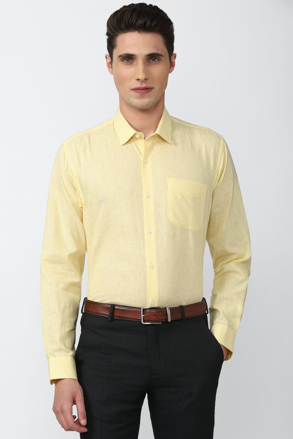 Men Yellow Regular Fit Formal Full Sleeves Formal Shirt