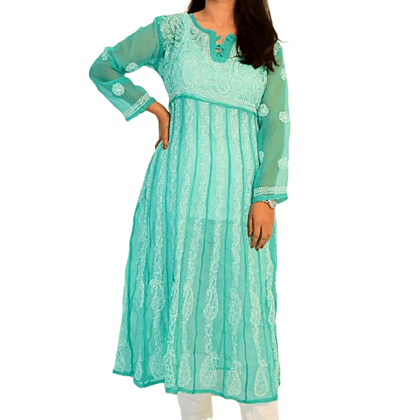 Chhappan Kali Chikan Hand Embroidered Light Green Anarkali