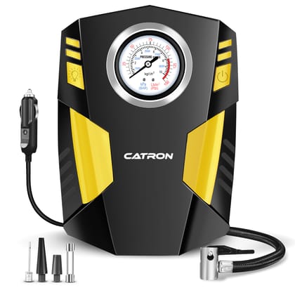 CATRON Analog Tyre Inflator/Compressor Portable Pump, 12V DC, up to 150 PSI, ABS Plastic and Metal | Emergency LED Flashlight | for Car, Bike, Bicycles, Air Boat and Other Inflatables (Black & Yellow)