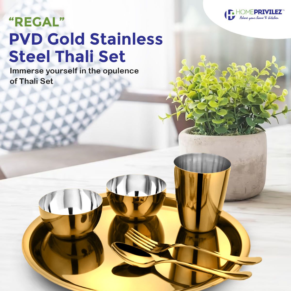 “Regal” Stainless Steel Thali /Dinner Set of 8 pcs (Gold, Steel & Rose gold)