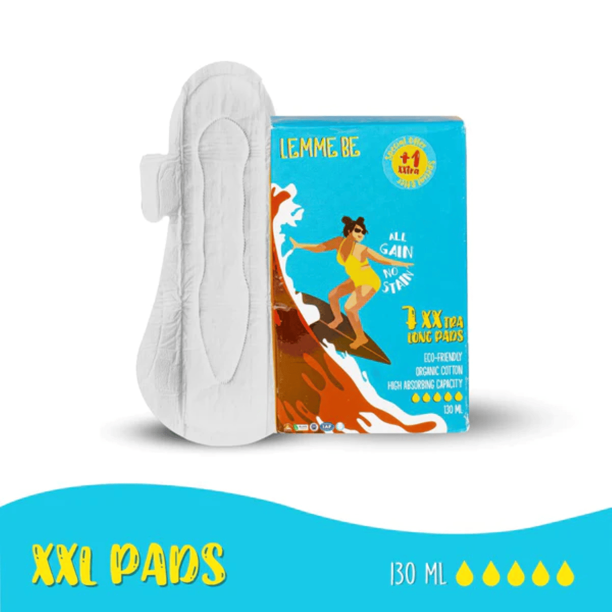 lemme be 7xxtra long pads eco- friendly organic cotton high absorbing capacity 130ml ( pack of 4)