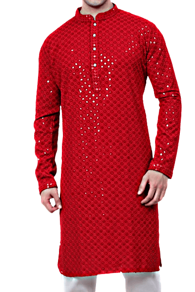 Red Men's Chikankari Embroidered and Sequence Kurtas