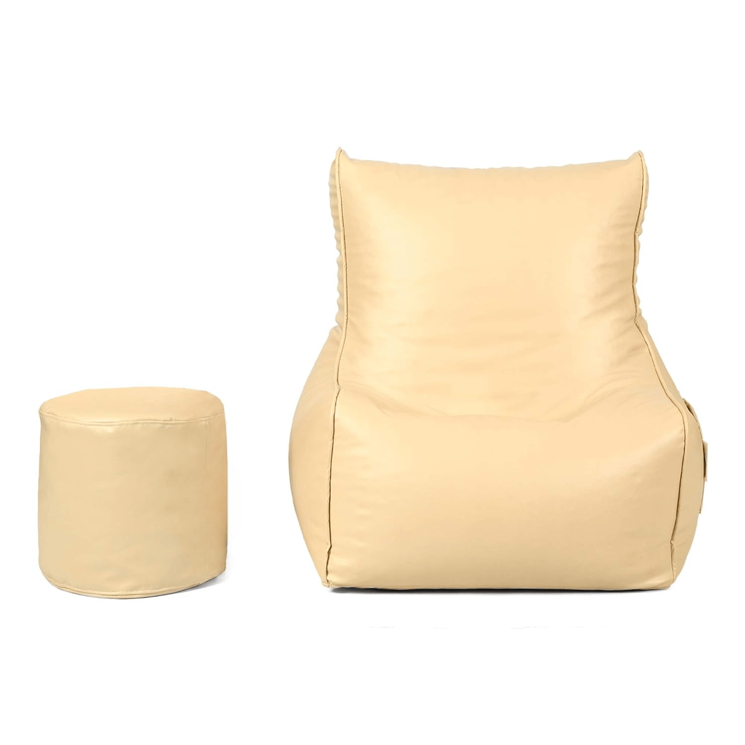 Ink Craft "Medium Size Beige Faux Leather Bean Bag Sofa Cover Set with Matching Round Footstool Cover (Beans Not Included) - Stylish Furniture Upgrade for Living Rooms,