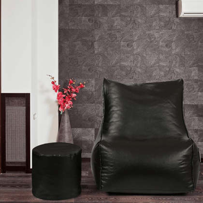 Ink craft Black Faux Leather Bean Bag Sofa Cover Set with Matching Round Footstool Cover (Beans Not Included) - Medium Size, Modern Décor Accent for Living Rooms, Lounges, and Bedrooms