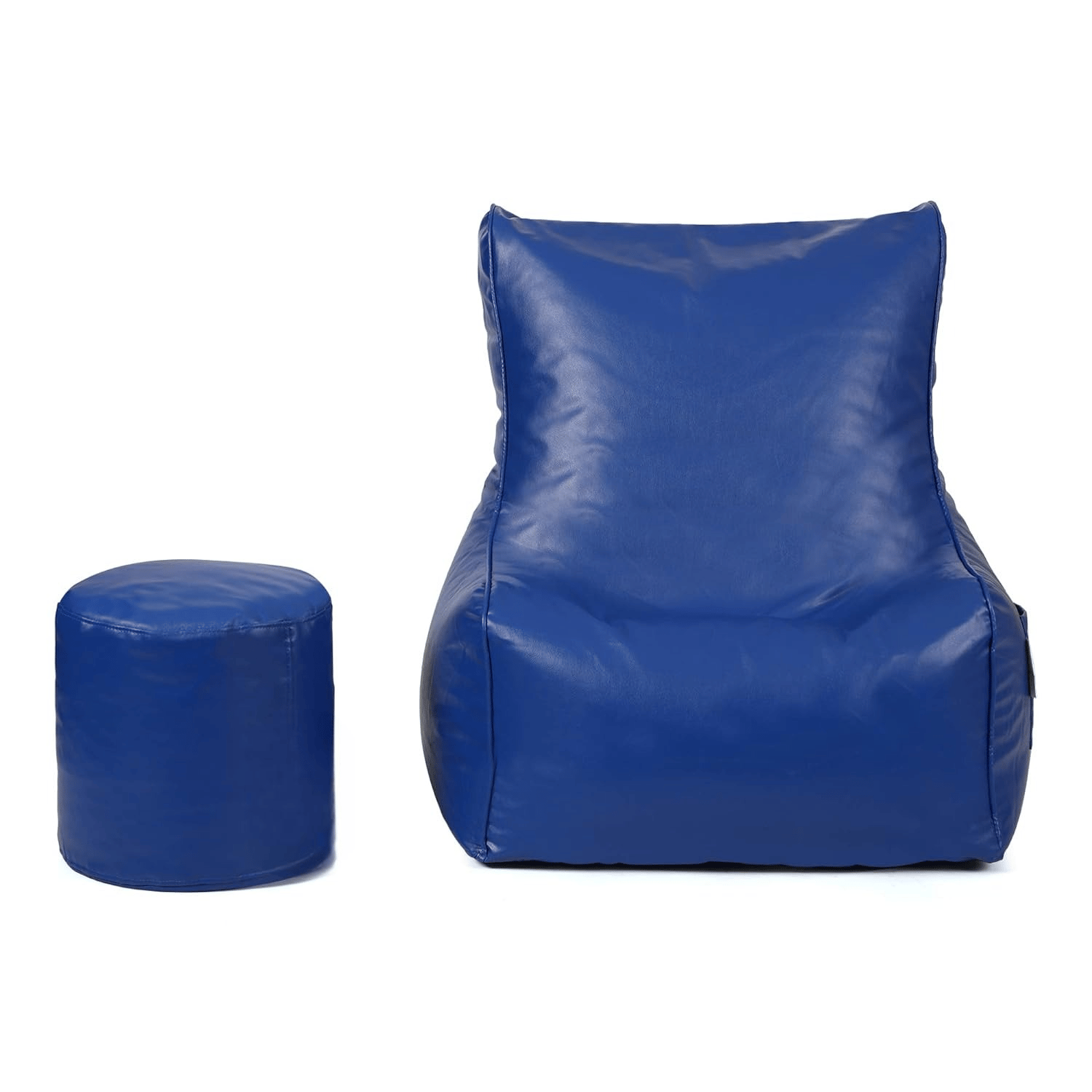 Ink Craft Blue Faux Leather Bean Bag Sofa Cover Set with Matching Round Footstool Cover (Beans Not Included) - Medium Size