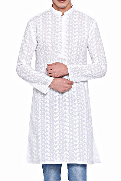 Classic Ensemble of Lukhnowi Chikankari Men's Embroidery Kurta