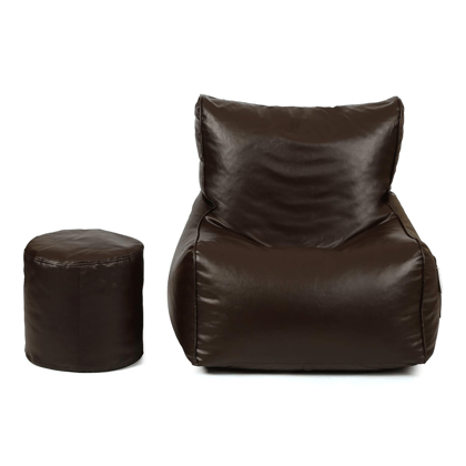 Ink Craft Brown Faux Leather Bean Bag Sofa Cover Set with Matching Round Footstool Cover (Beans Not Included) - Medium Size