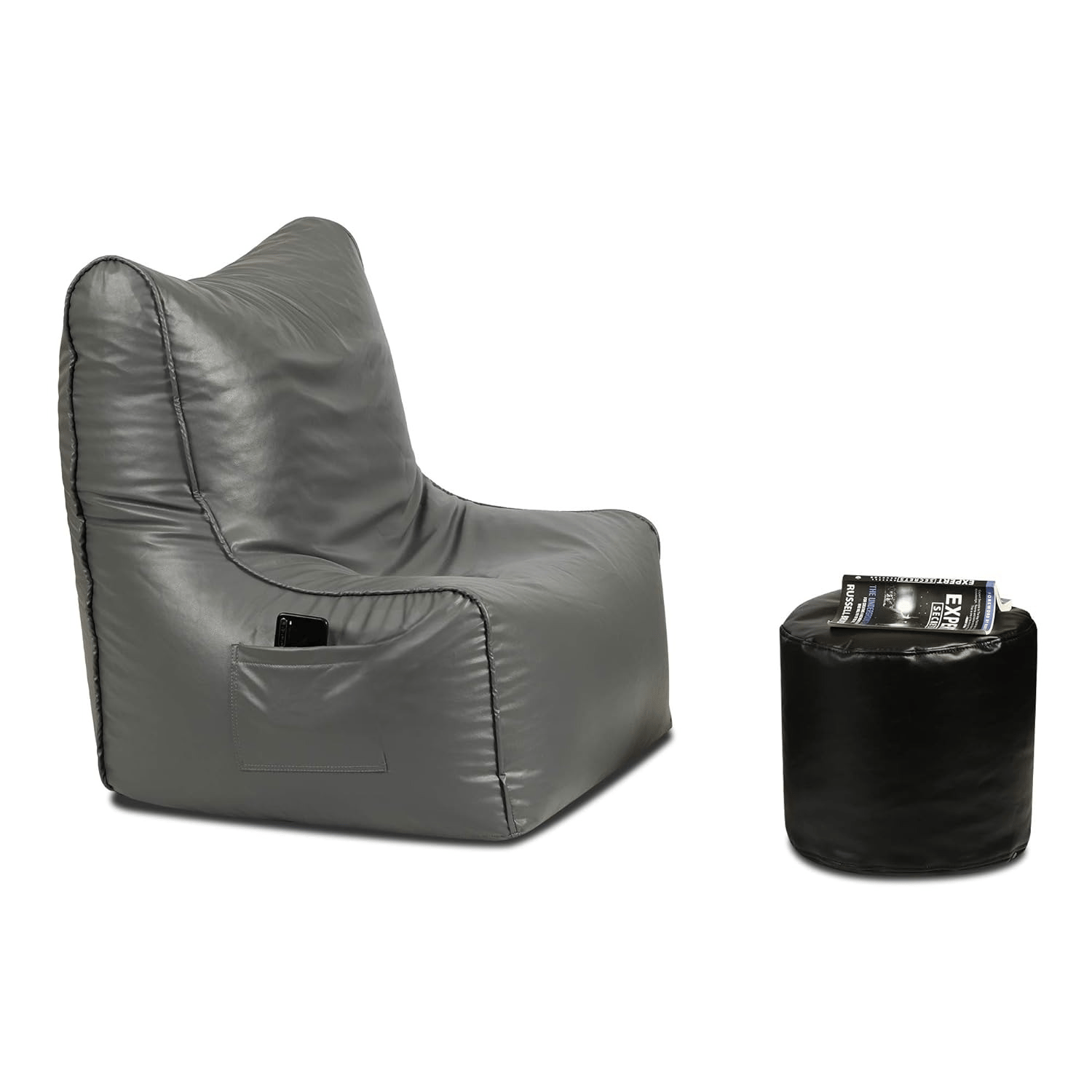 Ink Craft Grey Faux Leather Bean Bag Sofa Cover Set with Matching Black Round Footstool Cover (Beans Not Included) - Medium Size