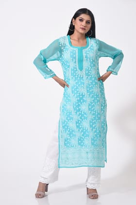 Ladies New Sea Green Colour Semi Georgette Hand Chikanakri Kurti