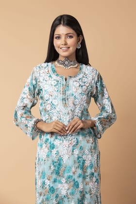 Ladies New Tones Of Blue White Kota Cotton Hand Chikankari Kurti