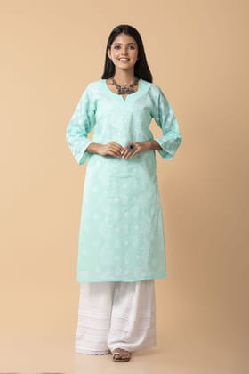 Ladies Blue Colour Cotton Hand Chikankari Kurti