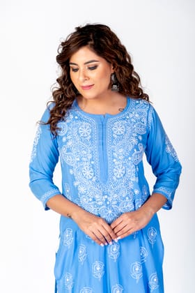 Ladies New Blue Colour Cotton Hand Chikankari Kurti