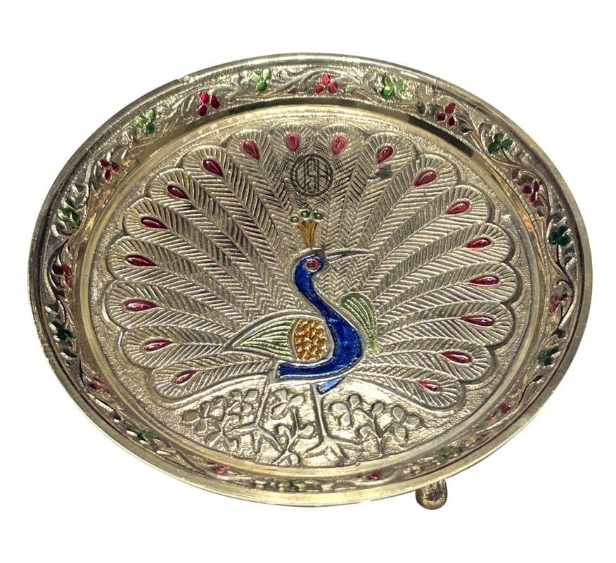 Pure Brass Puja thali Plate with Peacock Embossed Design Best for Home Office Pooja Purpose Handicraft (13 cm)