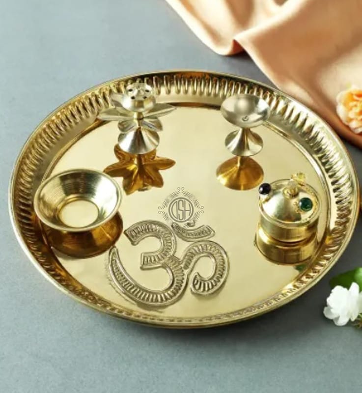 Pure Brass Puja Thali Set Diya,Roli/Kumkum Katori, Dhoop Agarbatti Holder Thali For Home,Office,Temple,Pooja Room.(PT-BR-OM)