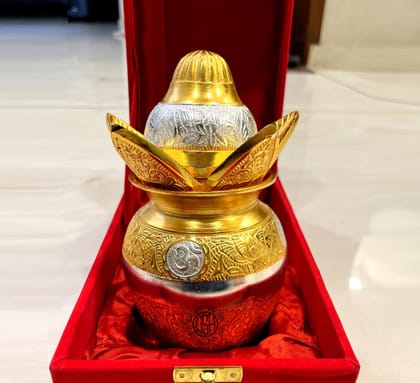 Brass Kalash with Coconut and Mango Leafs with Royal Velvet Box for Diwali Pujan Home,Temple and Return Gift.(Kalash)