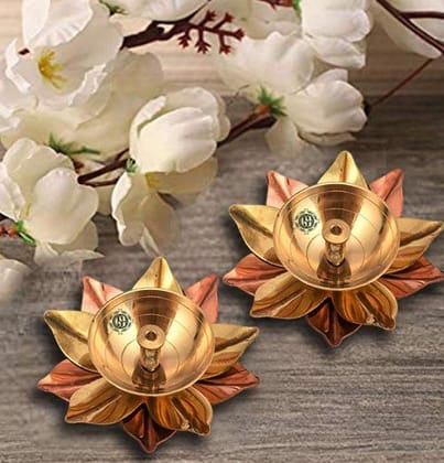 Brass & Copper Lotus/Kamal Design Diya Deepak | Akhand Jyot | Arti Poojan Temple Home Decor, Gold_3 X 3 X 1.5 Inch ( pack of 2)