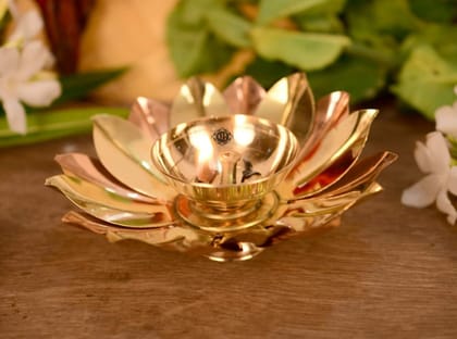 Brass & Copper Lotus/Kamal Design Diya Deepak | Akhand Jyot | Arti Poojan Temple Home Decor, Gold (5 inch)