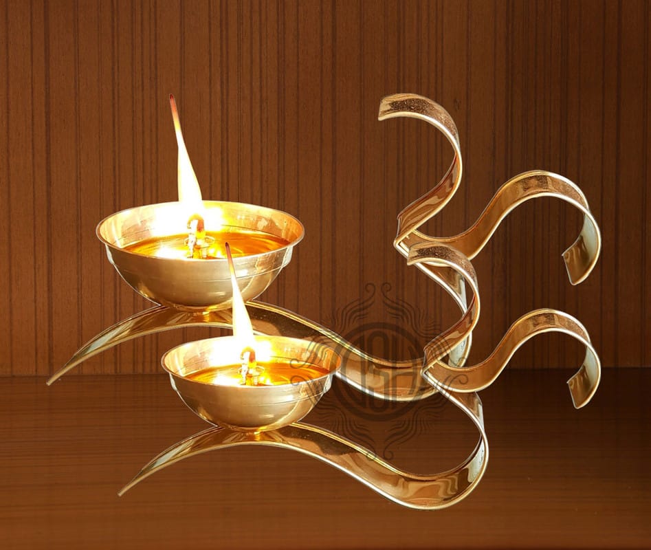 Brass Om Shape Diya Oil Lamp for Pooja Room Arti Poojan Temple Home Decorative Item for Diwali Puja and Gift (2 Pcs)