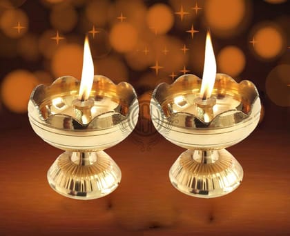 Brass Flower Diya Set of 2 Oil Lamp for Pooja Room Home Decorative Item for Diwali Puja and Gift (2)