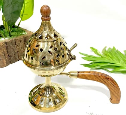 Brass Loban Burner With Handle, Dhoop Dhuni Burner Sambrani Dhoop, Resin & Home Office Temple Prayer Butler (No. 4)