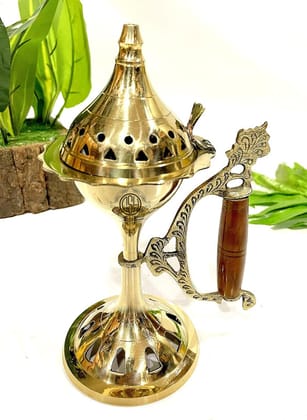 Brass Home Purifying Hand Loban Incense Burner, with Wooden Handle, Dhoop Dhuni Burner Sambrani Dhoop, Resin & Home (No. 6) (Big)