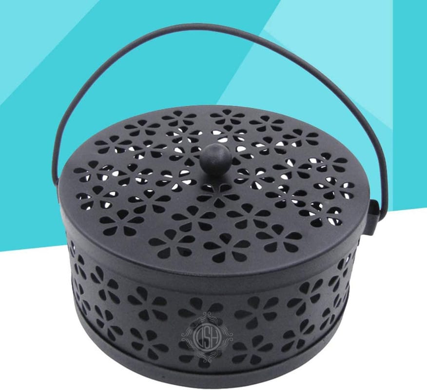 Mosquito Coil Box with Handle Metal Hollow Out Mosquito Coil Holder Fireproof Incense Round Shape Coil Incense Burner (Black)