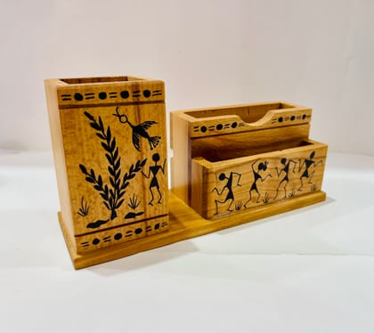 Warli painted wooden mobile stand with pen stand