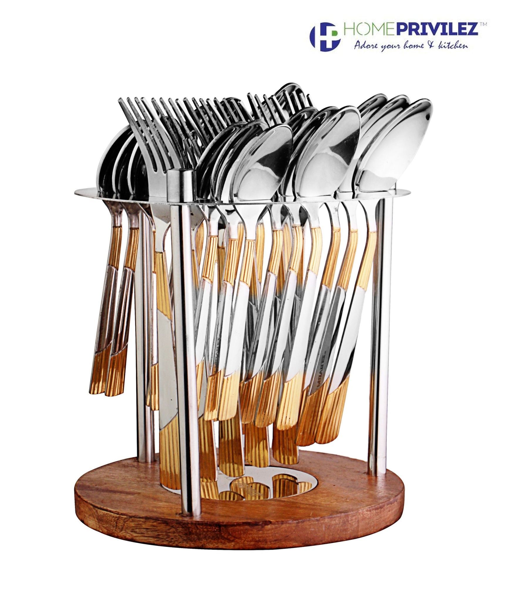 Luna cutlery-Stainless Steel and gold coated 24 pcs set in Stainless Steel stand with wooden base