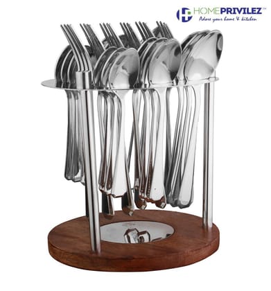 Daisy Cutlery - Stainless Steel 24pcs Cutlery in Stainless Steel stand with wooden base