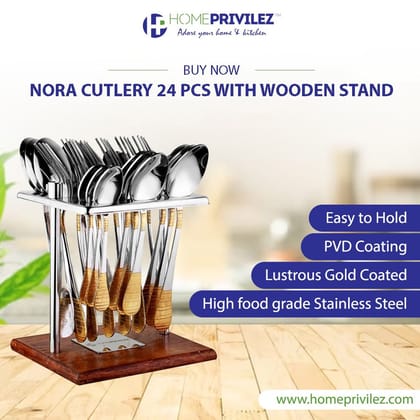 Nora cutlery-Stainless Steel and gold coated 24 pcs set in Stainless Steel stand with wooden base