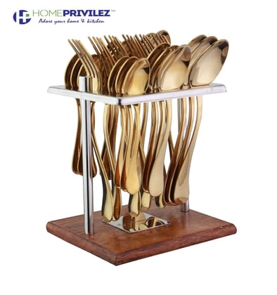 Aster Stainless Steel PVD gold cutlery set of 24 pcs in Stainless Steel stand with wooden base