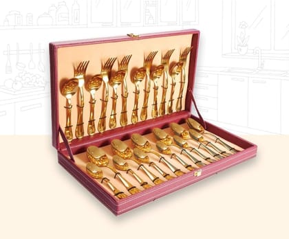 Aster (PVD gold) Stainless Steel Cutlery in Leatherite Box (24Pcs)