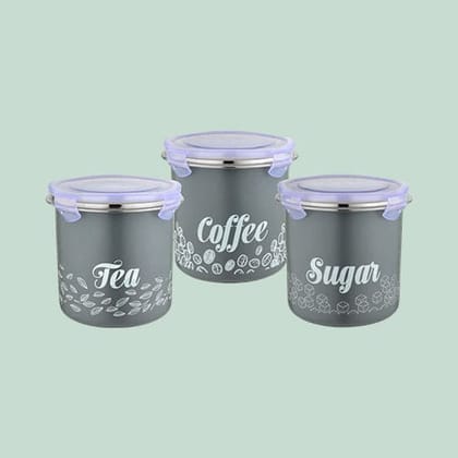 “Flip & Seal “Stainless Steel Air Tight Storage Container- Tea, Coffee & Sugar Set of 3 in Grey colour(1350mLx3)