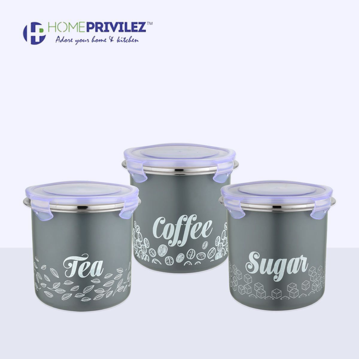 “Flip & Seal “Stainless Steel Air Tight Storage Container- Tea, Coffee & Sugar Set of 3 in Grey colour(1000mLx3)