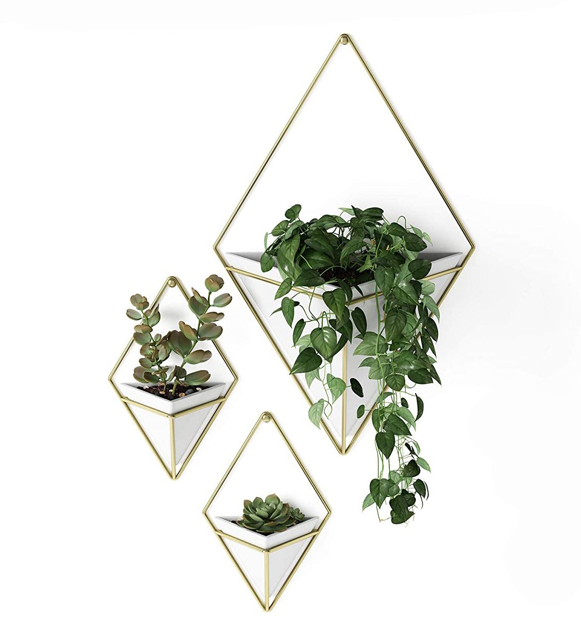 Gracious World Hanging Planter Vase & Geometric Wall Décor Container, Small, White/Brass (Set of 3)