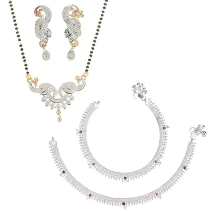 AanyaCentric Jewelry Set of Silver Plated Anklet and Gold Plated AD 18" Mangalsutra Pendant Earring