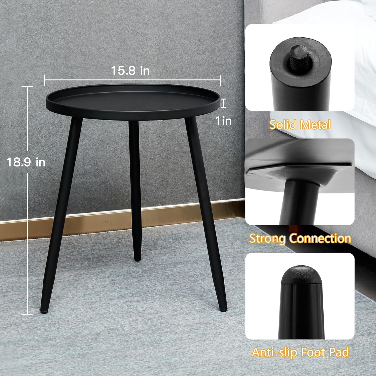 Small Round Accent Table, Metal Black Narrow Night Stands with 3 Legs