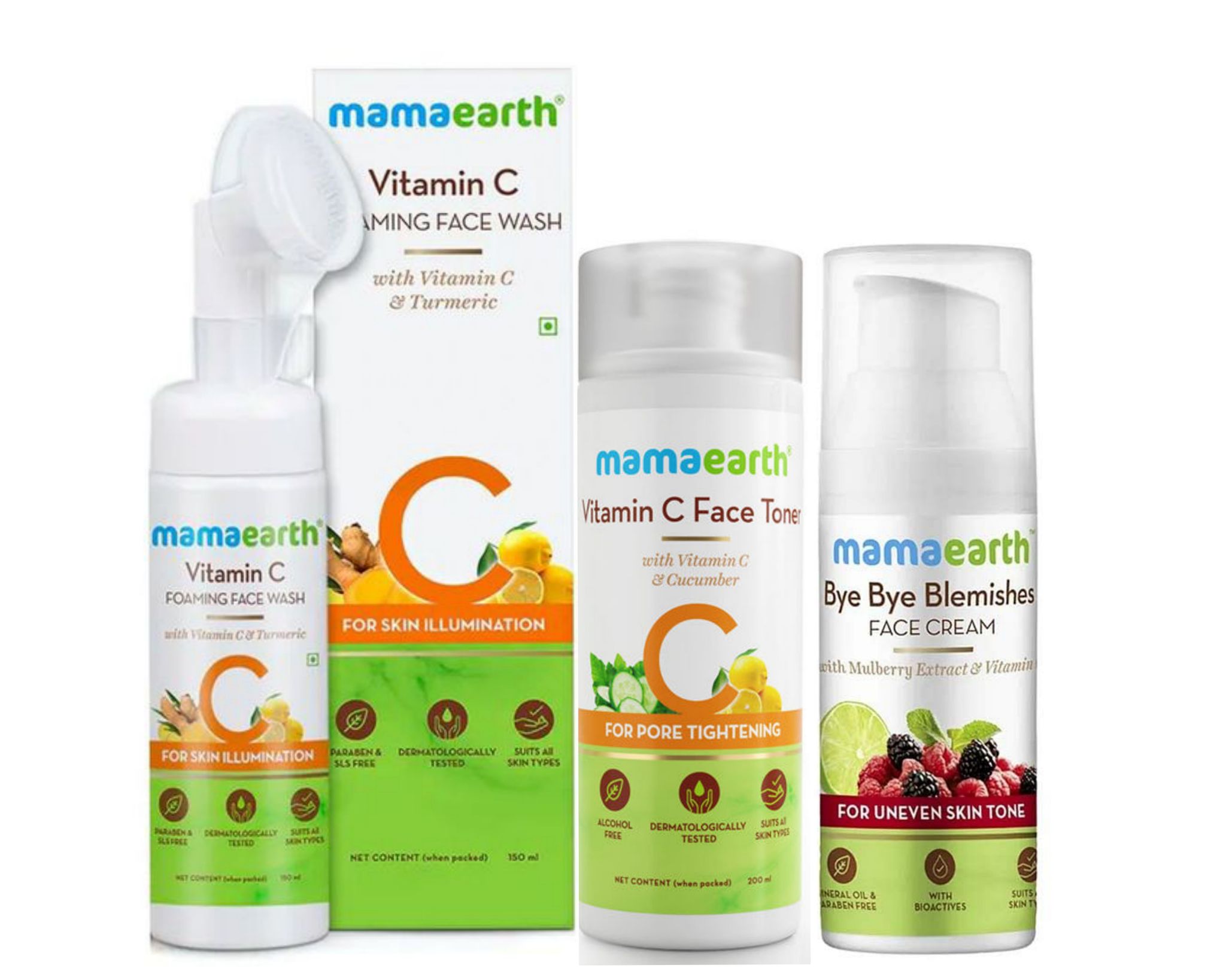 Mamaearth Vit C foaming facewash (150 ml) + Mamaearth Vit C toner (200 ml) + Mamaearth bye bye blemishes face cream (30 gm) Pack of 3