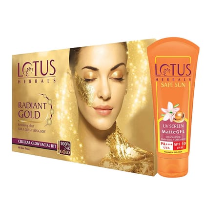 Lotus Herbals Radiant Gold Cellular Glow Facial Kit (Single Use) (37g) + Lotus Herbals Safe Sun UV Screen Matte Gel PA+++ SPF - 50 (100g) Pack of 2