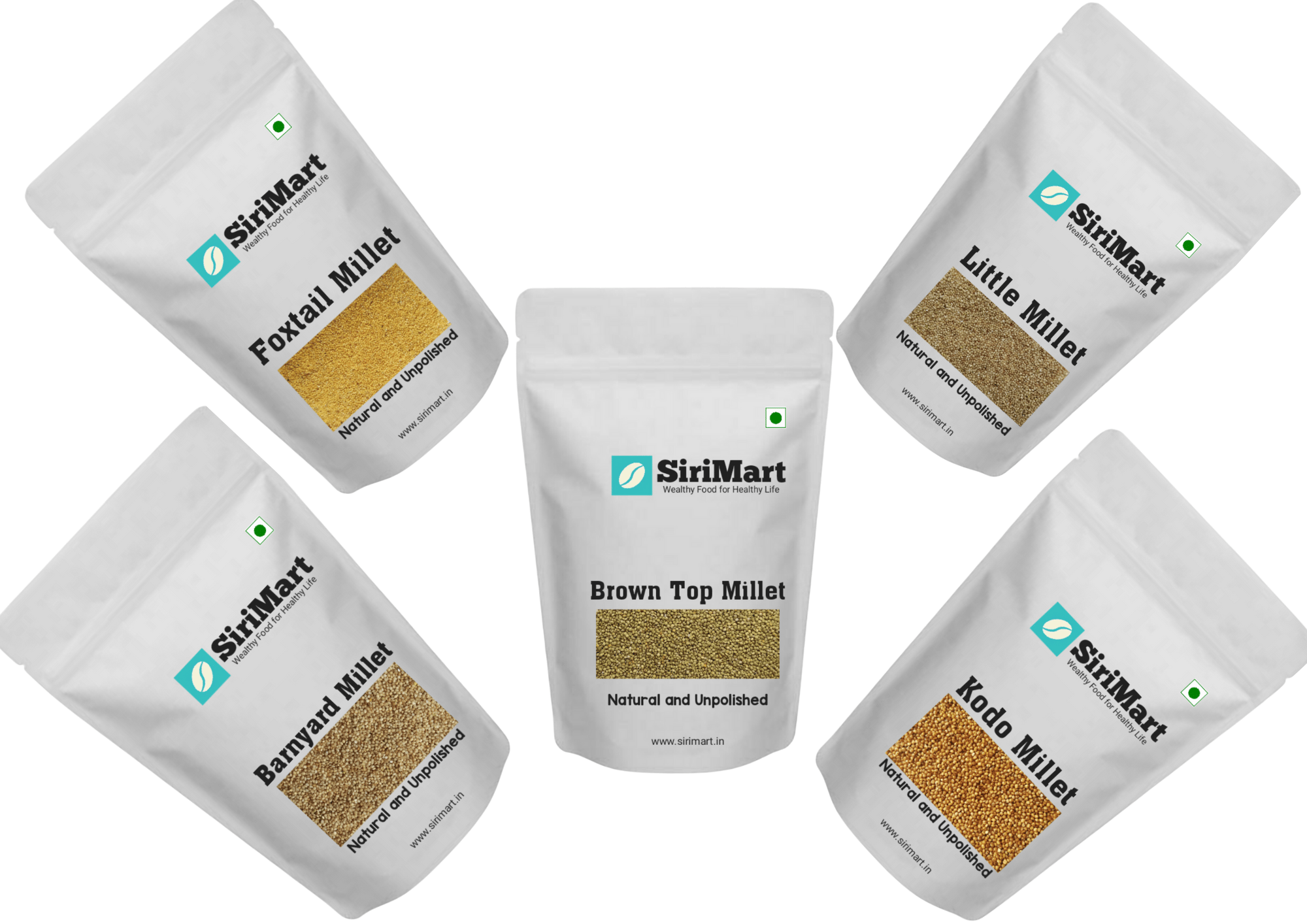 SiriMart 1kg Unpolished Millet Combo Pack of 5, Browntop, Foxtail, Kodo, Barnyard, and Little Millet [Total 5 kg], Natural Farm Grown, High Fibre Millets