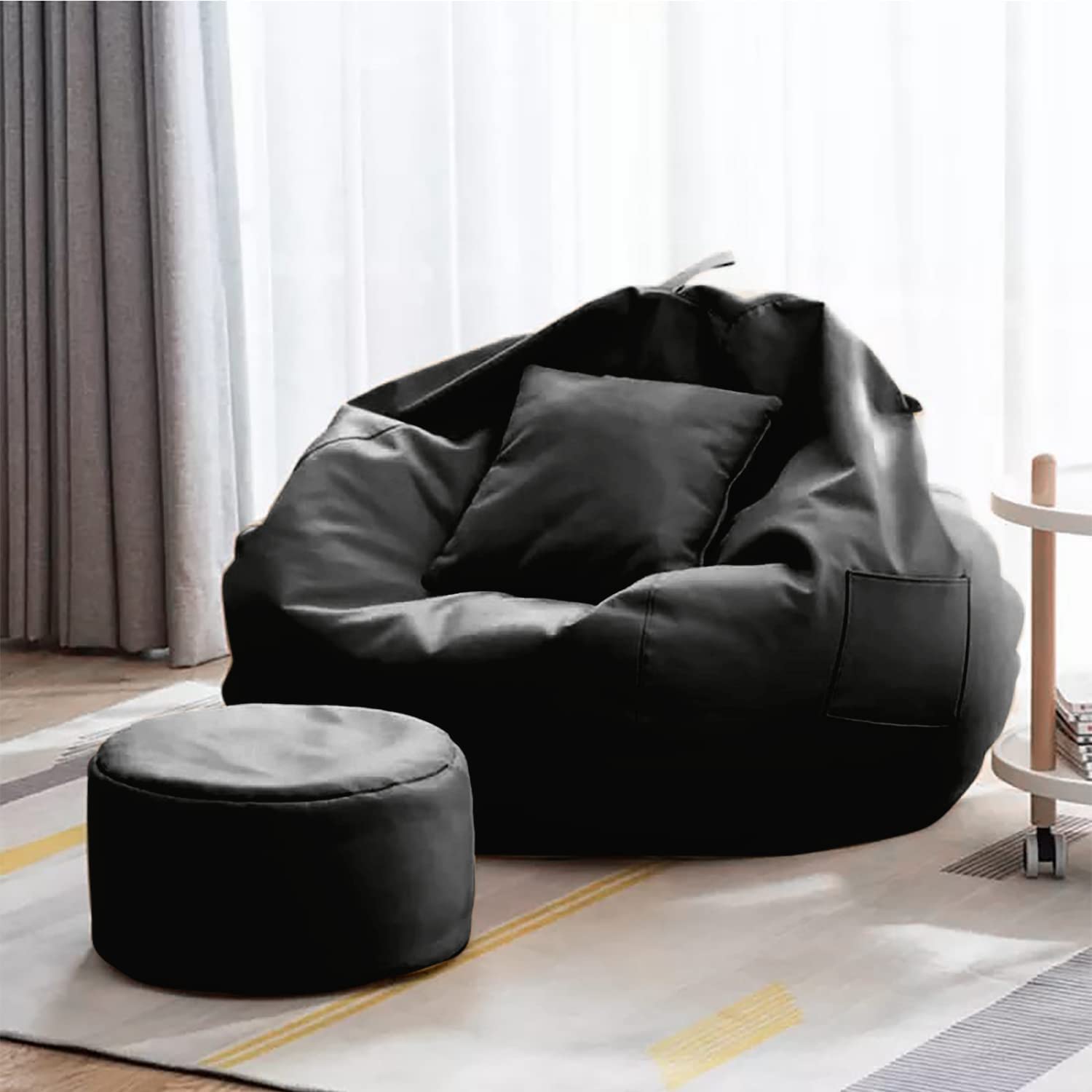 Ink Craft 3XL Black Faux Leather 3-Piece Combo Set: Stylish Round Stool & Cushion Covers - Premium Quality, Elegant Design, Beans not Included