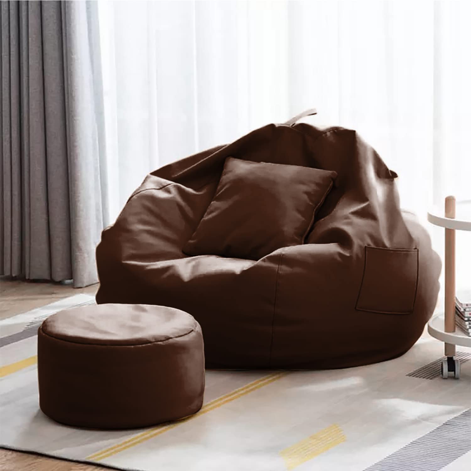 Ink Craft 3XL Brown Faux Leather 3-Piece Combo Set: Chic Round Stool & Cushion Covers - High-Quality Material, Elegant Design, Beans Not Included