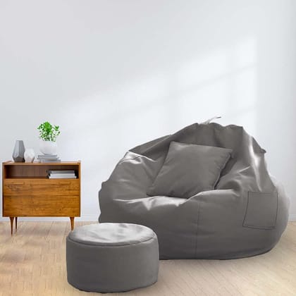 Ink Craft 3XL Grey Faux Leather 3-Piece Combo Set: Modern Round Stool & Cushion Covers - High-Quality Material, Sleek Design, Beans Not Included