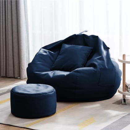 Ink Craft 3XL Navy Blue Faux Leather 3-Piece Combo Set: Contemporary Round Stool & Cushion Covers - Premium Quality, Elegant Design, Beans Not Included