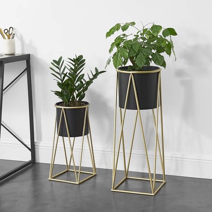 Iron Metal Planter with Stands Planters for Home, Office, Living Room, Bedroom Tall Indoor Plant Stand with Planter Pot -Set of 2 (Black)